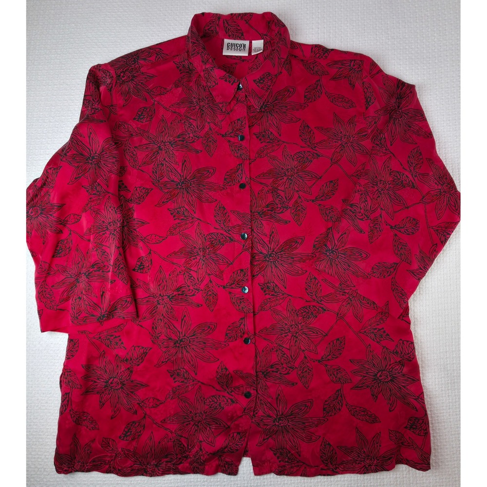 Chico's Design Silk Shirt Women 3 Red Floral Button Front Excellent